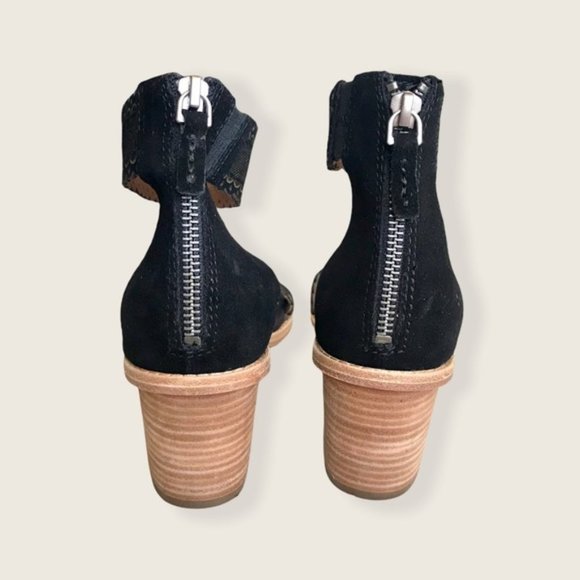 $349 Frye Black Brielle Black Scallop Suede Leather Zip Up Heeled Formal Sandals - Picture 12 of 16